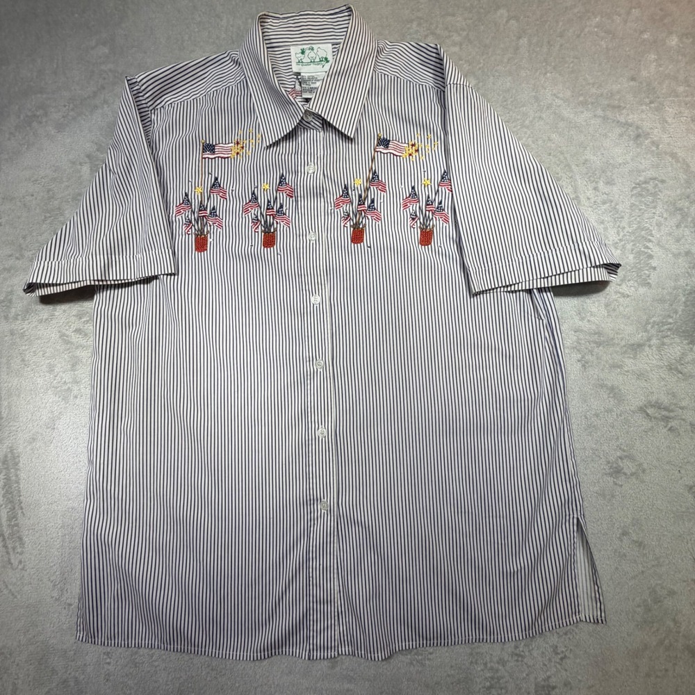 Vintage Quacker Factory Large Blue White Striped Patriotic Flag Shirt 90s Cotton